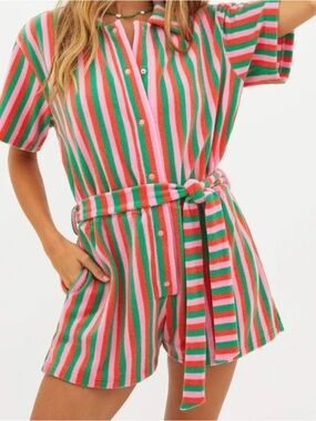 Beach Riot Striped Romper in Pink, Red & Green